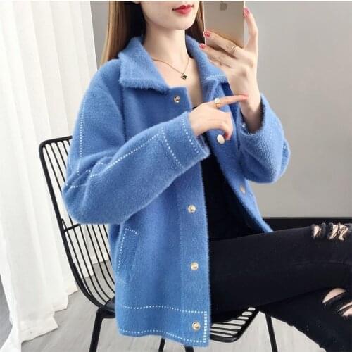2021 New Womens Loose Imitation Mink Fur Sweater Jacket Autumn and Winter New Korean Ladies Casual Knitted Sweater Cardigan N48