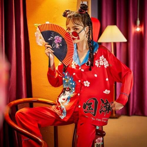 Summer Pajamas Women Sleepwear The Tide Chinoiserie High Quality Imitated Silk Fabric Sexy Pajama Set Cartoon Plus Size