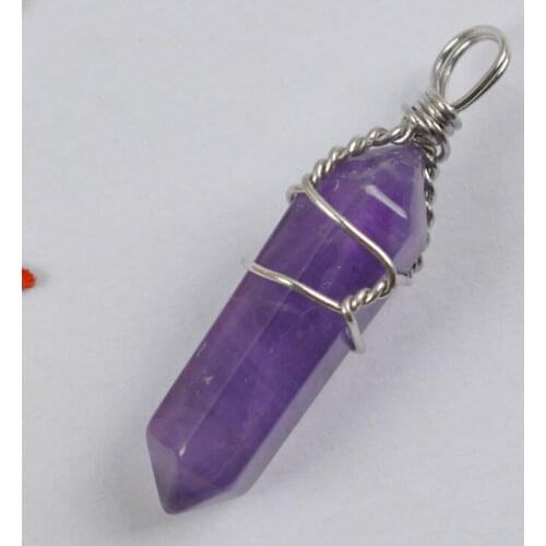 Natural Purple Crystal Lucky Point GEM Pendant Wire Wrapping Jewelry S1235