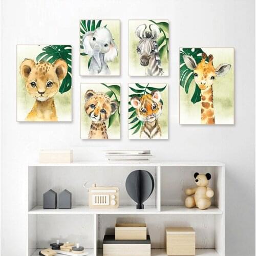 Hand-painted Animals Canvas Poster Tiger Zebra Giraffe Lion Cute Art Prints Kids Nursery Bedroom Wall Picture Oil Painting Decor
