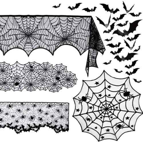 Halloween Tablecloth Set With Spider Web Spider Bat Element Horror Atmosphere Decoration Black