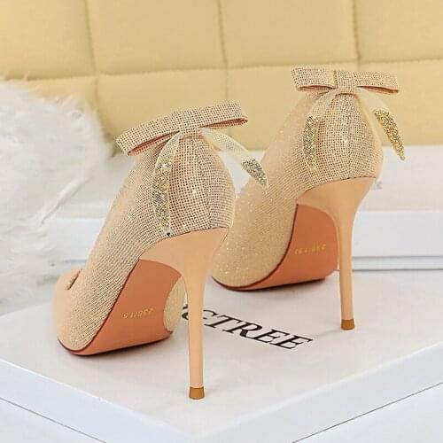 Bling Womens Pumps Shoes On Heels 9.5cm Sequined Womens High Heels Bow-knot Shoes For Party Pumps Pointed Toe Female Stiletto