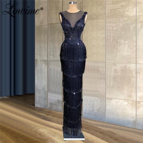 Navy Blue Beading Tassel Evening Dresses Sequins Pageant Dress Robes de Soirée Islamic Party Gowns 2021 Middle East Prom Dress
