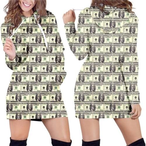 IFPD Women Long Sleeve Hoodie Dress 3D Dollar Print Funny Hoodies Fall Famale Paper Money Puzzle Pullover Streetwear Sweatshirts