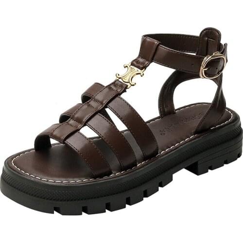 Womens Sandals 2021 Summer New Womens Shoes Thick Soled High Knitting Retro Hollow Roman Flat Shoes Sandals