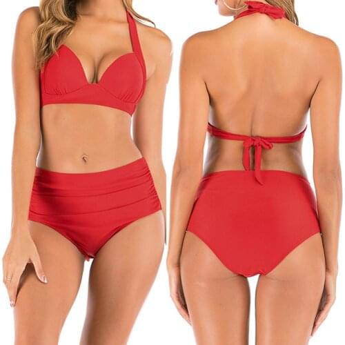 Women Sexy Floral Print Swimsuit Bikini Set No Pad Halter Bra High Waist Briefs