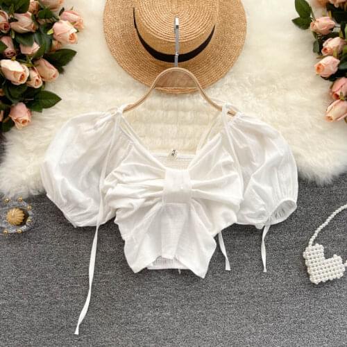 Summer new bows reduce age crop top V-neck cute temperament commuting crop top women Puff sleeve tops for women 2021