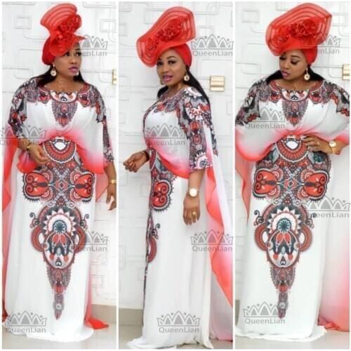 2020 African Design Chiffon Dress With Bat Wings Printing Fashion Long Dress For Lady