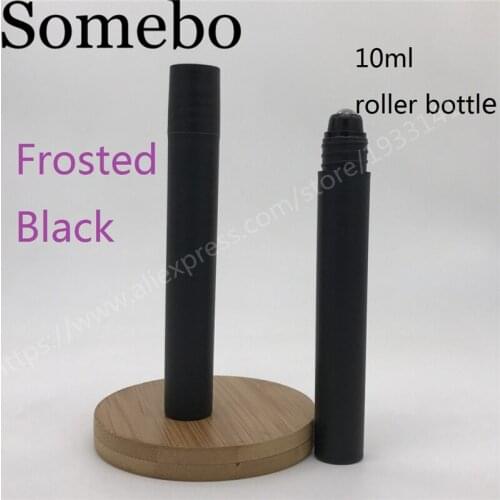 500pcs/lot 10ml Empty Frosted Black Plastic Essential oil Roll On Bottle Vials with steel metal roller ball for perfume