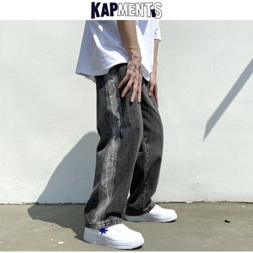 KAPMENTS Men Scratched Patchwork Harajuku Baggy Jeans 2021 Mens Streetwear Japan Fashion Denim Trousers Man Causal Wid Leg Pants