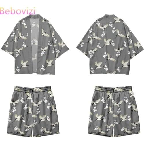 Fashion Crane Full Print Harajuku Gray Kimono Shorts Sets Two-piece Suit Yukata Japanese Traditional Cardigan Women Men Haori