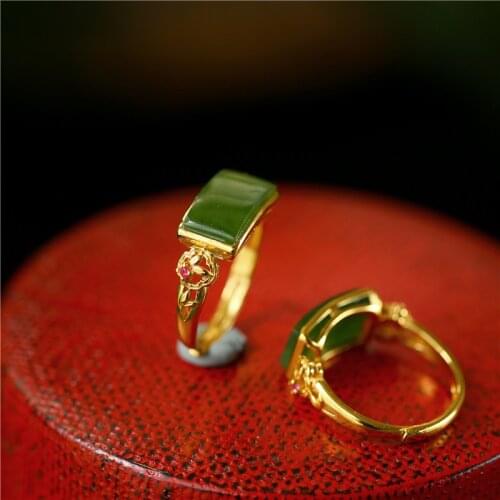 UBESTNICE 925 Sterling Silver Natural Hetian Jasper Gold Plated Fine Jewelry Vintage Resizable Green Gemstone Rings For Women