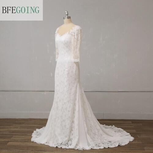 Ivory Lace Chiffon 3/4 Sleeves Bridal dress Floor-length Mermaid/ Trumpet Wedding dress Chapel Train Custom made