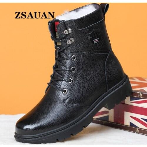 ZSAUAN Furry Winter Men Boots Genuine Leather Daddy Men Safety Shoes Military Outdoors High Top Work Boots Warm