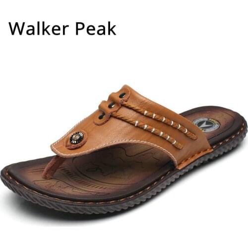 2021 New Mens Sandals Genuine Leather Beach Summer Flats Male Slippers Lightweight Non-slip Man Sandals Flip Flops Brwon Comfort