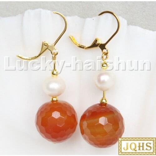 Natural Dangle 14mm round diced faceted red agates white pearls Earrings c205