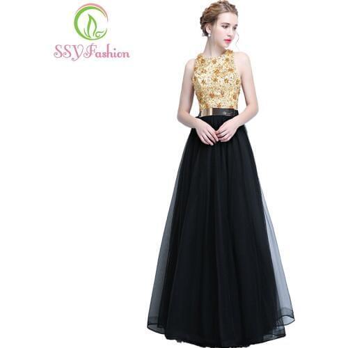 New The Banquet Evening Dress SSYFashion Sexy Slim Black with Gold Stitching Luxury Beading Floor-length Halter Prom Party Gown