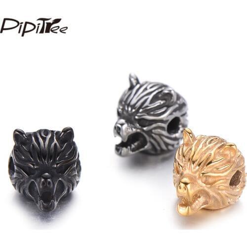 Pipitree 4pcs/lot Stainless Steel Wolf Beads Charms Animal DIY Men Bracelet Accessories Spacer Beads Jewelry Making Wholesale