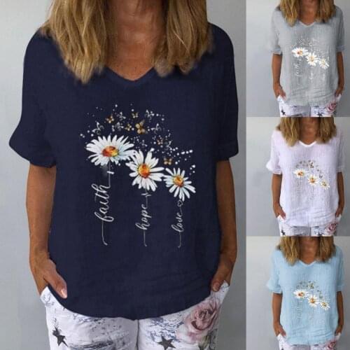 Plus Size Casual Women T-shirt Casual Loose V Neck Marguerite Butterfly Printed Short Sleeve Blouse Top Summer 2021 Fashion Tees