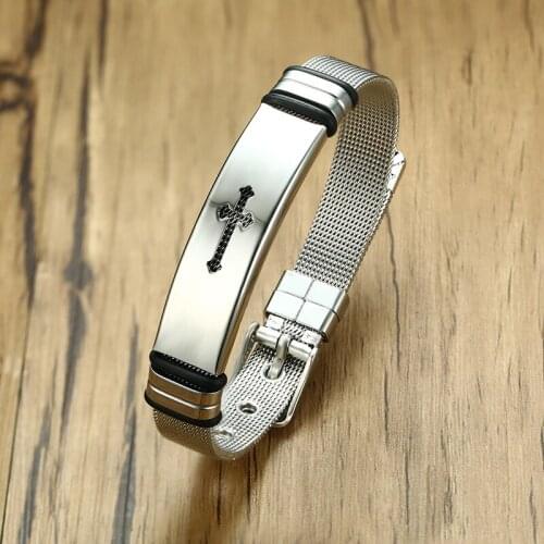 Adjustable Cross Bracelet for Men Silver Color Stainless Steel Bracelet Mesh Style Male Accessories