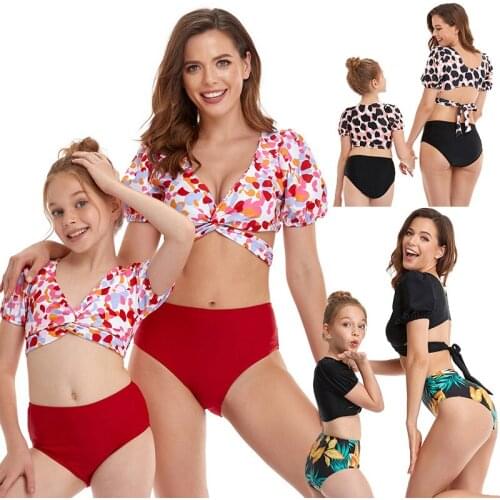 Sexy Women Puff sleeve Bikini Set Cross Straps Swimwear Parent Child Swimsuit High Waist Bathing Suit Girls Beachwear Biquini