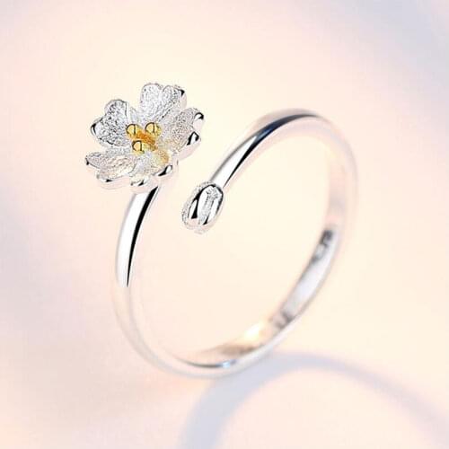 925 Sterling Silver Dainty Cherry Blossoms Flower Adjustable Rings For Women Girls Jewelry Dropshipping S-R32