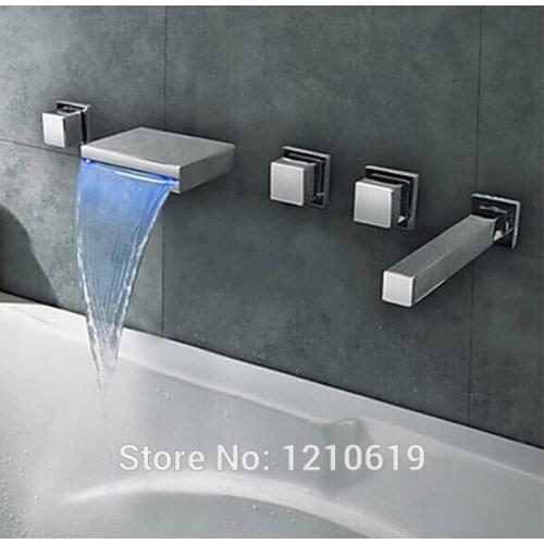 US Free Shipping Wholesale And Retail Modern 5Pcs Bathtub Faucet Set Three Handles LED Color Changing Chrome Finish Deck Mounted