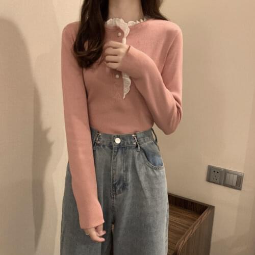 Woman Sweaters Spring Autumn Wooden Ear Lace Slim Fit Patchwork Long-Sleeved Sweater For Women