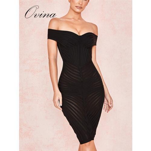High Quality Luxury Slash Neck Strip Patchwork Black Rayon Bandage Dress Celebrity Night Party Dress