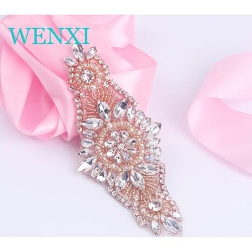 WENXI 10PCS Handmade Beaded Sewing Bridal Belt Crystal Rose Gold Clear Rhinestones Appliques For Wedding Dress Belt WX861