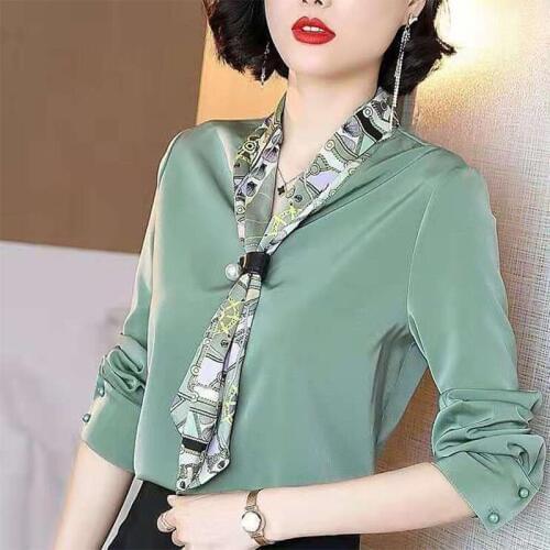 Womens Spring Autumn Style Blouse Shirt Womens Bow-Neck Lace Up Long Sleeve Elegant Loose Casual Tops DD8359