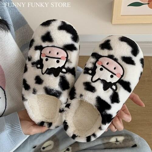 Womens Shoes Flocky Fur Cartoon Animal Dairy Cow Desgin Slippers for Woman Fluffy Upper Antislip House Flat Slide