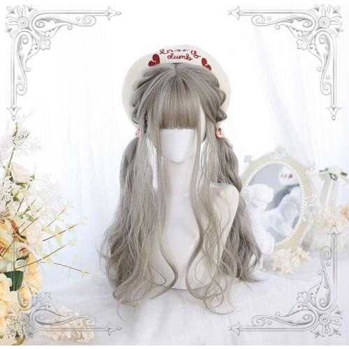 Female Long Wavy Curly Grey Bangs Wig Women Wigs Lolita Cosplay Party