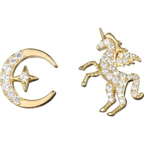 925 Sterling Silver Fine Jewelry Sparkling CZ Crescent Moon Star Cute Animal CZ Unicorn Post Stud Earrings for Girls Women Gifts