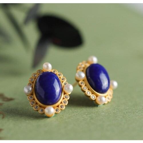 Autumn and winter independent design new blue oval lapis lazuli pearl earrings exquisite charm ladies silver jewelry