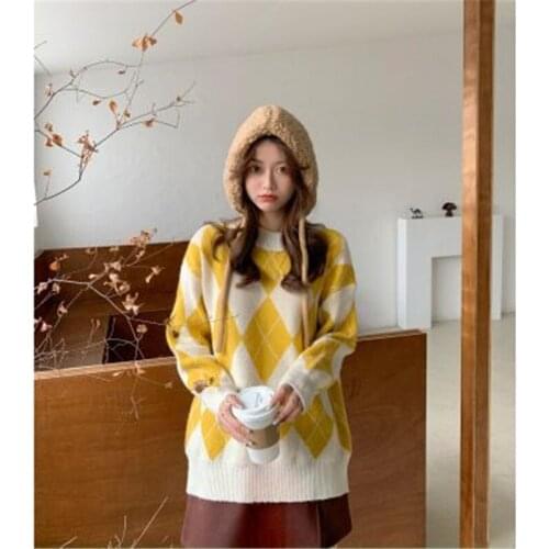 Woman Jerseys Vintage Argyle Korean Casual O-neck Hit Color Long Sleeve Oversized Pullover Jumper Female All Match Sweaters WY01