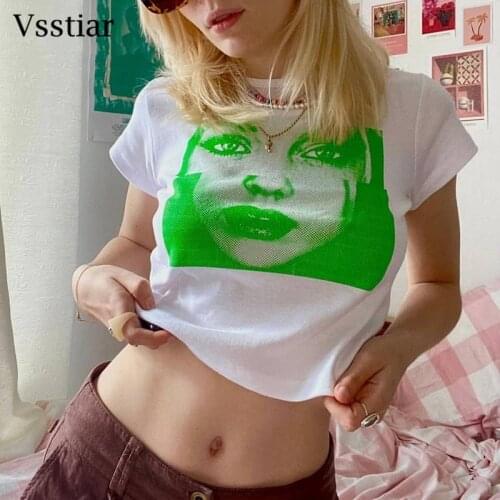 Vsstiar Short Sleeve Casual Crop Top 2021 Y2K Portrait Printed Sheath Woman T-Shirts Fashion Streetwear Summer Ladies Tees
