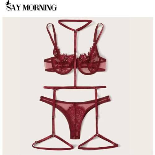 SAY MORNING Floral Lace Garter Lingerie Set With Choker Women Intimates 2021 Underwire Bra And Thongs Ladies Underwear Set