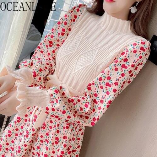 OCEANLOVE Autumn Winter Vestidos Corduroy Bandage Bow Flare Sleeve Sweet Vintage Women Dresses A-line Knitted Robe Femme