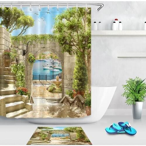 2pcs Spring Nordic Seaside Scenery Shower Curtain Set Waterproof Polyester Fabric Bath Curtain Bathroom Screen Curtain With Mat