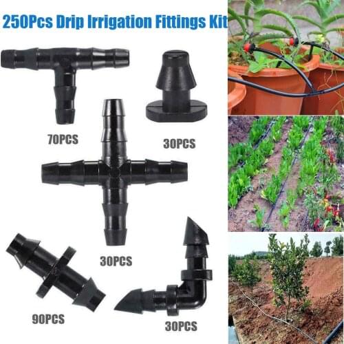 250 Pcs Irrigation Fittings Sprinkler Drip Kit Barbed Connectors Watering Pipe Hose Flower Vegetable Garden Lawn for 4/7 Tube