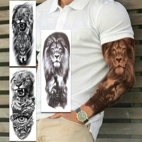 3D Gladiator Lion Samurai Temporary Tattoos Sleeves For Wen Women Adult Fake Tiger Eye Realistic Tattoo Sleeves Body Art Tatoos