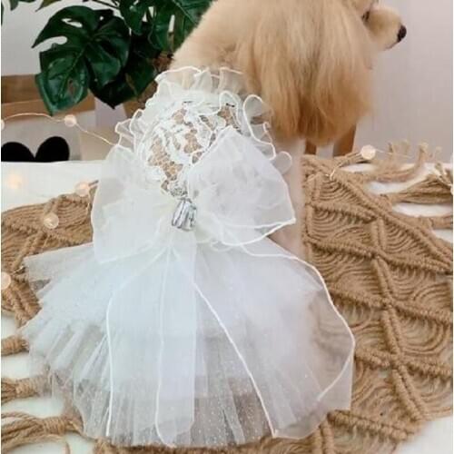 Free Shipping Handmade Dog Clothes Dog Dress White Lace Sexy See-Through Falbala Tutu Dot Tulle Skirt Cat Pet Party Evening Gown