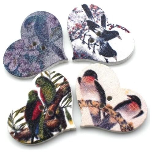 25MM Wooden Heart Shape Flower Bird Patten Buttons 2 Holes Handmade Sewing Clothing Scrapbooking Crafts DIY Wood Button