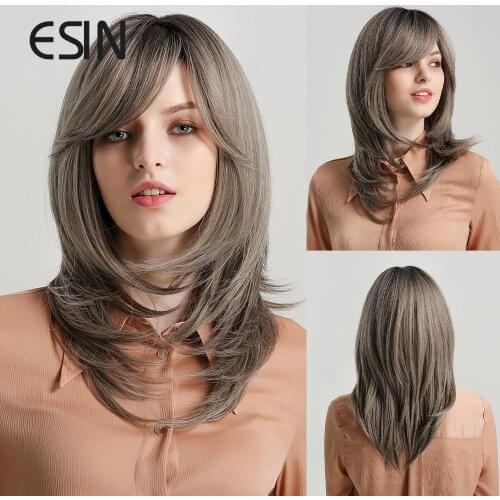 ESIN Gray Brown Wig Party Daily Natural Long Wave Wigs for Women Synthetic Hair Wigs with Bangs Free Hairnet Heat Resistant