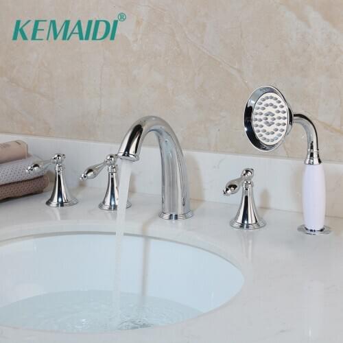 KEMAIDI Bathroom 5 Pieces Faucet Set Deck Mounted Chrome Stream Double Handles Bathroom Bathtub Basin Sink Mixer Tap Faucet