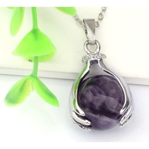 KFT Natural Healing Amethysts Crystal Quartz Round Beads Hand Stone Pendant Chain Necklace Fashion Jewelry For Women Girls Men