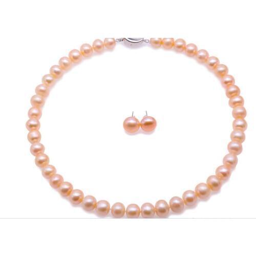 10mm pink pearl Women Jewelry set necklace stud earrings 925 silver clasp AAA Cultured freshwater pearl