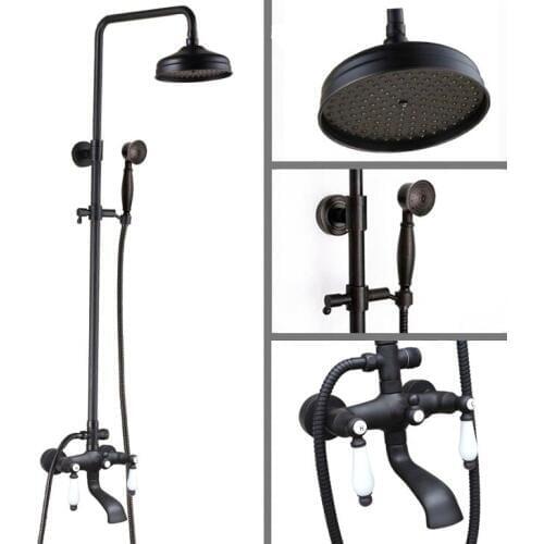 Black Oil Rubbed Brass Dual Ceramic Handles Bathroom 8 Inch Round Rain Shower Faucet Set Bath Tub Mixer Tap Hand Shower mhg141