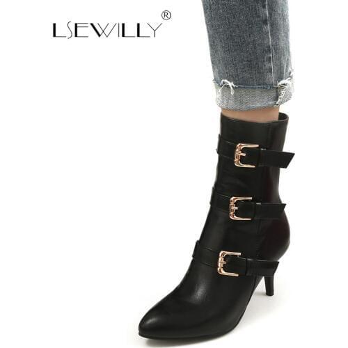 Lsewilly 2018 Fashion Buckle Strap Knight Ridding Ankle Boots Female Black Brown Womens Shoes Thin High Heels Short Boots E153